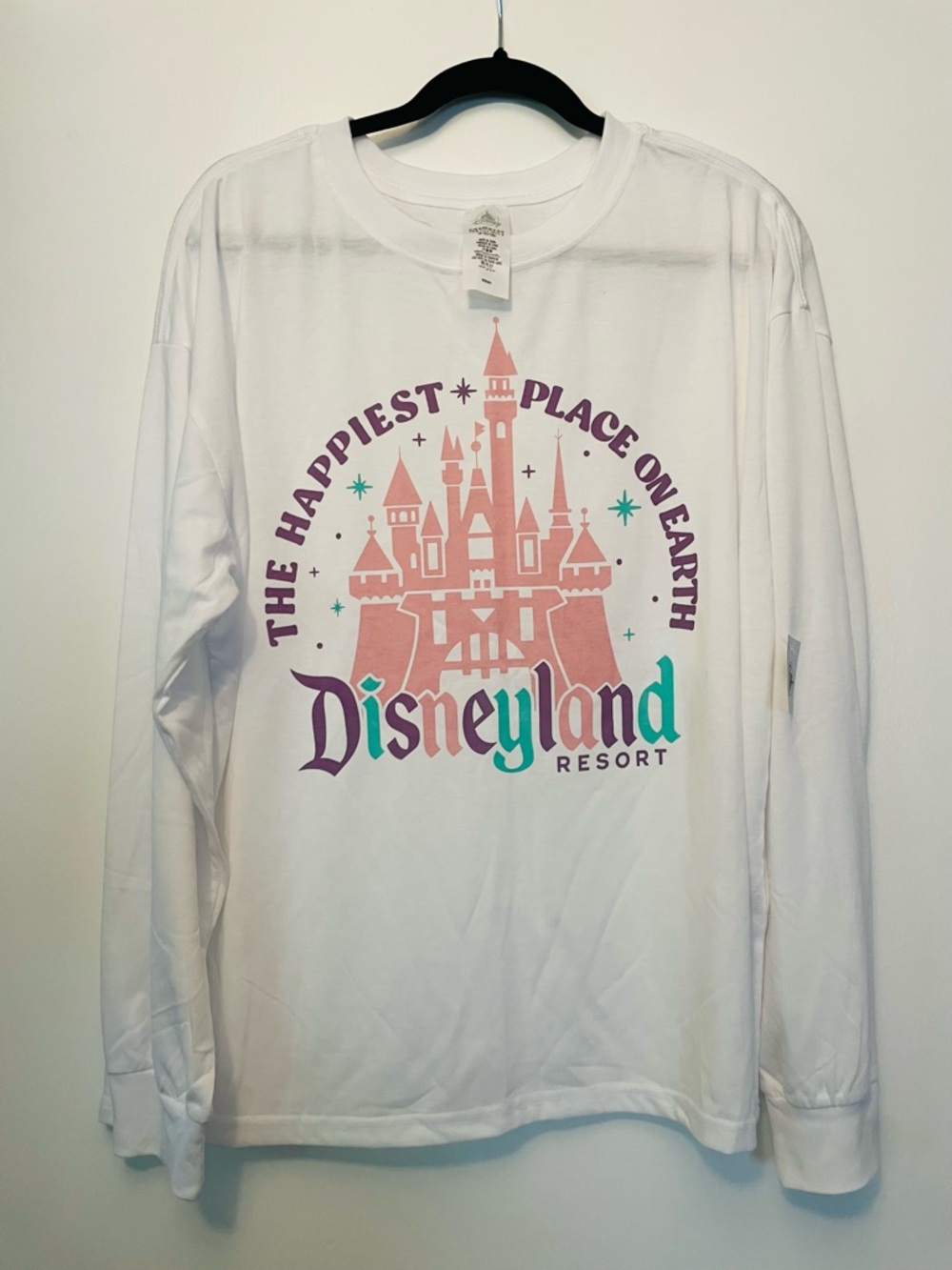 Disney White Long-Sleeve Tee with Pink Castle & Teal Disneyland Script